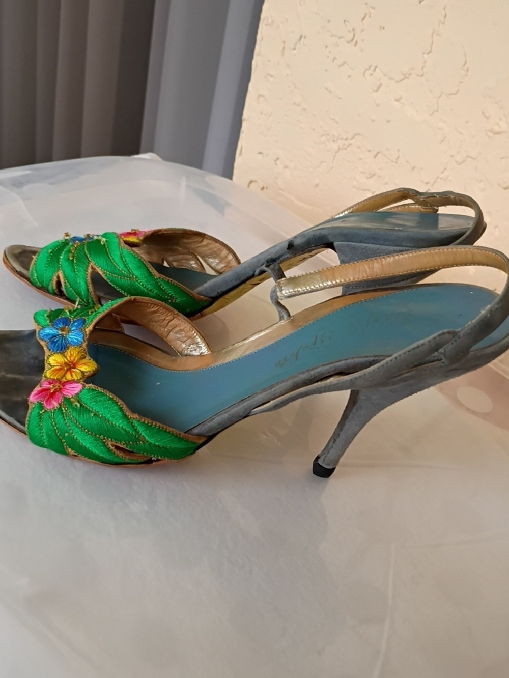 Ernesti Esposito Embellished  Floral Slingback Heels Blue Suede